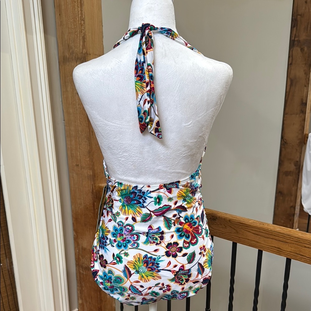 Floral Halter One Piece Swimsuit White multicolor tie neck 12 Large - Picture 2 of 5